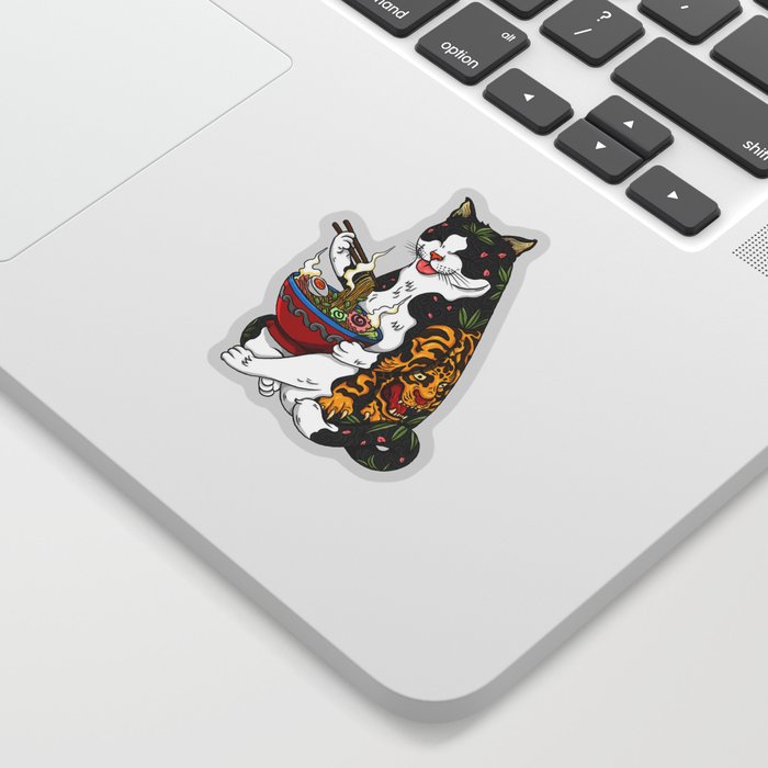 Cat eating Chinese Noodles with Tiger Tattoo Sticker