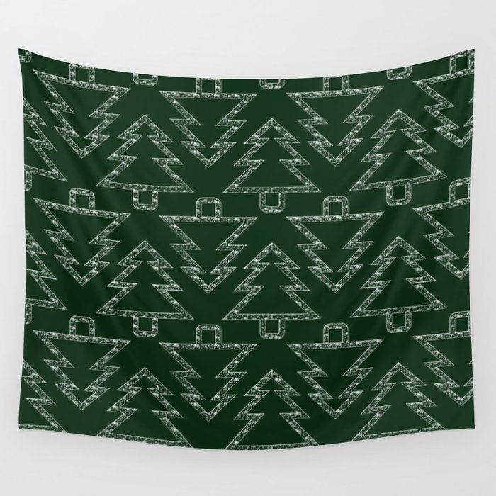Merry Christmas - Abstract christmas tree pattern on festive green Wall Tapestry