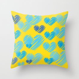 Hearts in Bunches, Cerulean Blue on Yellow Throw Pillow