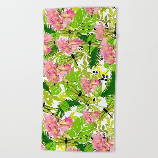 PALM AND LILY PINK AND GREEN Beach Towel