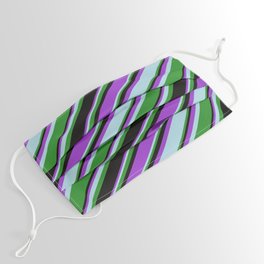 [ Thumbnail: Dark Orchid, Light Blue, Forest Green, and Black Colored Stripes/Lines Pattern Face Mask ]
