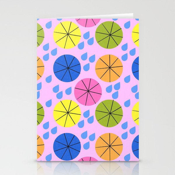 Mid-Century Modern Spring Rainy Day Umbrellas Pink Stationery Cards