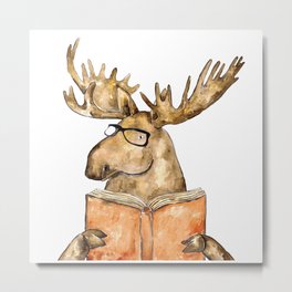 Moose reading book watercolor painting Metal Print
