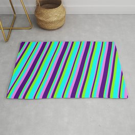 [ Thumbnail: Chartreuse, Aqua, Violet, and Indigo Colored Striped/Lined Pattern Rug ]