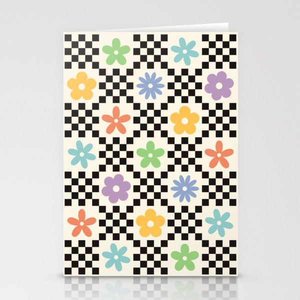 Retro Colorful Flower Double Checker Stationery Cards