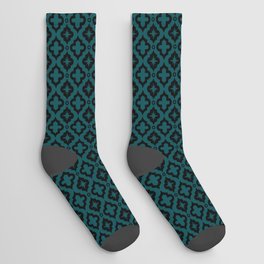 Teal Blue and Black Ornamental Arabic Pattern Socks