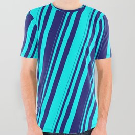 [ Thumbnail: Cyan & Midnight Blue Colored Stripes/Lines Pattern All Over Graphic Tee ]