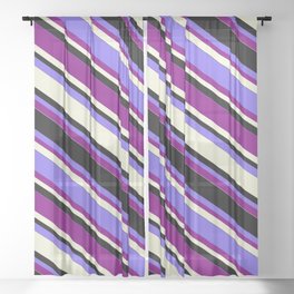 [ Thumbnail: Medium Slate Blue, Purple, Beige & Black Colored Lined Pattern Sheer Curtain ]