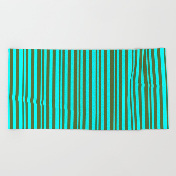 Cyan and Dark Olive Green Colored Lined/Striped Pattern Beach Towel