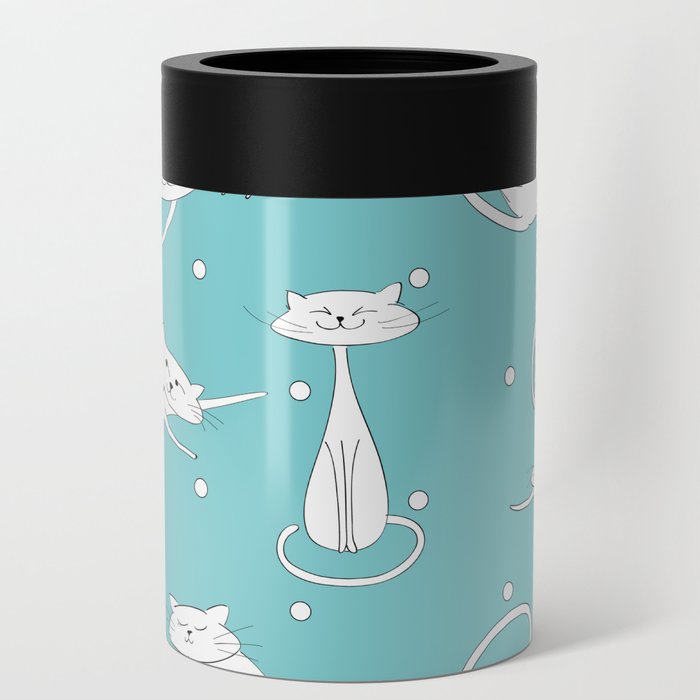 White Cats on blue background with polka dots Can Cooler