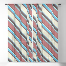 [ Thumbnail: Light Yellow, Deep Sky Blue, Brown & Black Colored Lines/Stripes Pattern Sheer Curtain ]