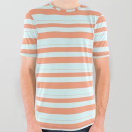 [ Thumbnail: Light Salmon & Light Cyan Colored Stripes Pattern All Over Graphic Tee ]