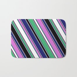 [ Thumbnail: Vibrant Orchid, Sea Green, Midnight Blue, White & Black Colored Lines Pattern Bath Mat ]