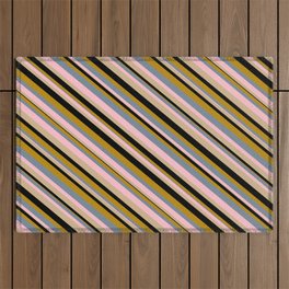 [ Thumbnail: Vibrant Light Slate Gray, Pink, Tan, Black, and Dark Goldenrod Colored Lined Pattern Outdoor Rug ]