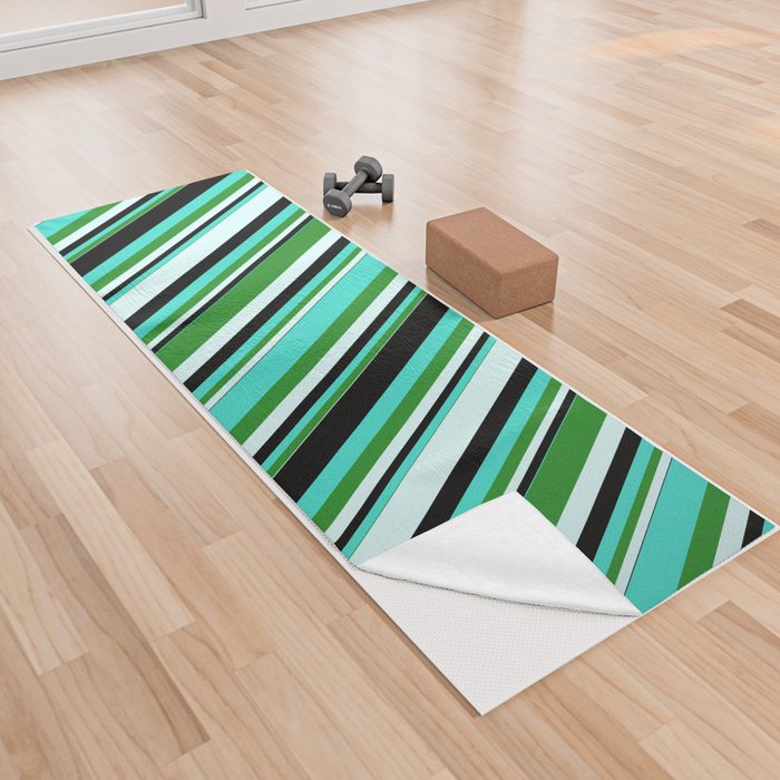 Turquoise, Black, Light Cyan, and Forest Green Colored Stripes Pattern Yoga Towel