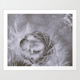 Baby snugged up tight in a bird's nest (infant newborn bedroom wall decor) black and white photograph Art Print
