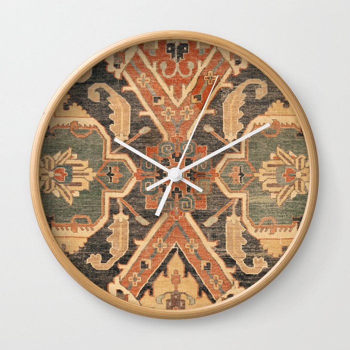 Geometric Leaves III // 18th Century Distressed Red Blue Green Colorful Ornate Accent Rug Pattern Wall Clock
