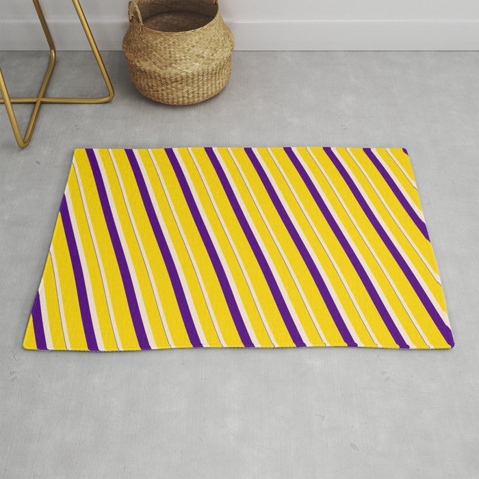 Yellow, Beige, and Indigo Colored Lines/Stripes Pattern Rug