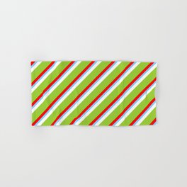 [ Thumbnail: Colorful Red, Light Sky Blue, White, Green, and Dark Green Colored Stripes Pattern Hand & Bath Towel ]