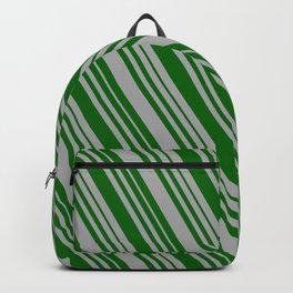 [ Thumbnail: Dark Grey & Dark Green Colored Lines/Stripes Pattern Backpack ]
