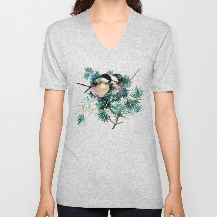 Chickadees in the Woods V Neck T Shirt