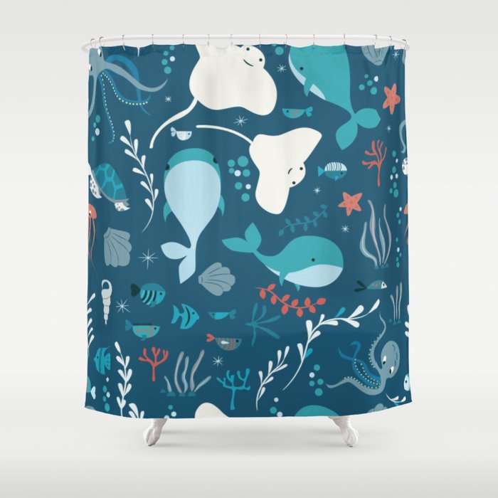 Blue Sea Animals Pattern Shower Curtain