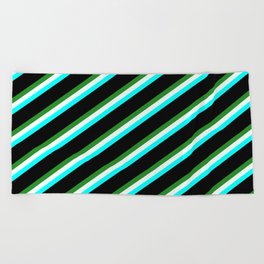 [ Thumbnail: Forest Green, Mint Cream, Cyan & Black Colored Striped Pattern Beach Towel ]