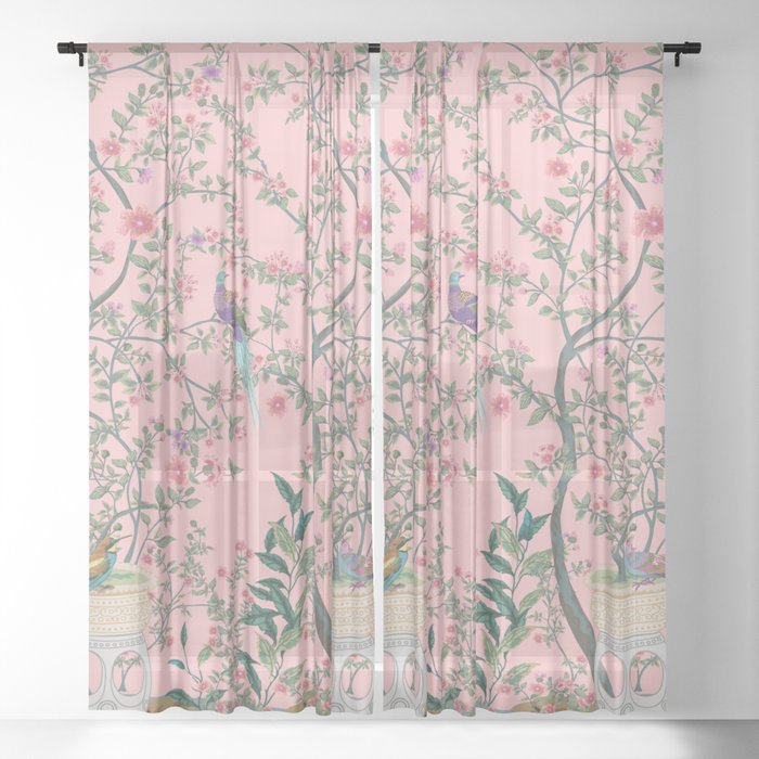 Chinoiserie Pink Fresco Floral Garden Birds Oriental Botanical Sheer Curtain
