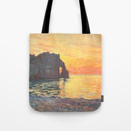 Claude Monet - Soleil couchant à Etretat -  Etretat, Cliff of d'Aval, Sunset - Impressionism Tote Bag