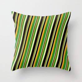 [ Thumbnail: Orange, Forest Green, Pale Goldenrod, and Black Colored Lined/Striped Pattern Throw Pillow ]
