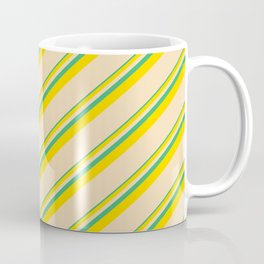 [ Thumbnail: Sea Green, Yellow & Tan Colored Lines/Stripes Pattern Coffee Mug ]