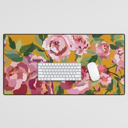 Happy peony with mustard yellow background Desk Mat