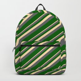 [ Thumbnail: Beige, Dim Gray & Dark Green Colored Lined Pattern Backpack ]