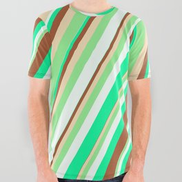 [ Thumbnail: Eye-catching Green, Sienna, Tan, Light Green, and Mint Cream Colored Striped/Lined Pattern All Over Graphic Tee ]