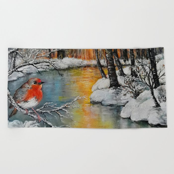 Winter forest landscape with robin Beach Towel
