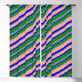 [ Thumbnail: Slate Gray, Light Salmon, Blue & Green Colored Lines/Stripes Pattern Blackout Curtain ]