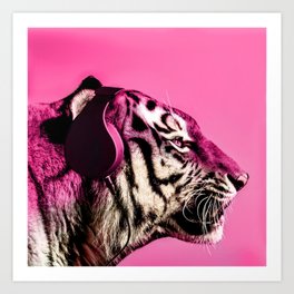 Headphone Tiger Pink Art Print