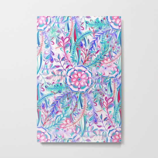 Boho Flower Burst in Pink and Teal Metal Print