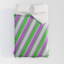 [ Thumbnail: Lavender, Orchid, and Lime Green Colored Lined/Striped Pattern Duvet Cover ]