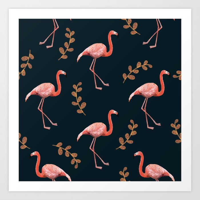 Navy Flamingos Art Print