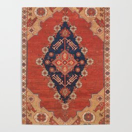 Southwest Tuscan Shapes II // 18th Century Aged Dark Blue Redish Yellow Colorful Ornate Rug Pattern Poster