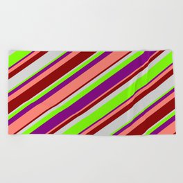 [ Thumbnail: Light Grey, Green, Purple, Salmon, and Dark Red Colored Striped Pattern Beach Towel ]