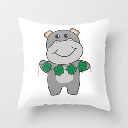 Hippo With Shamrocks Cute Animals For Luck Throw Pillow