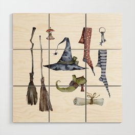 Outfit for a witch. Watercolor hat, shoes, stockings, broom. Wood Wall Art