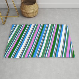 [ Thumbnail: Vibrant Sea Green, Violet, Dark Green, Blue, and White Colored Stripes/Lines Pattern Rug ]