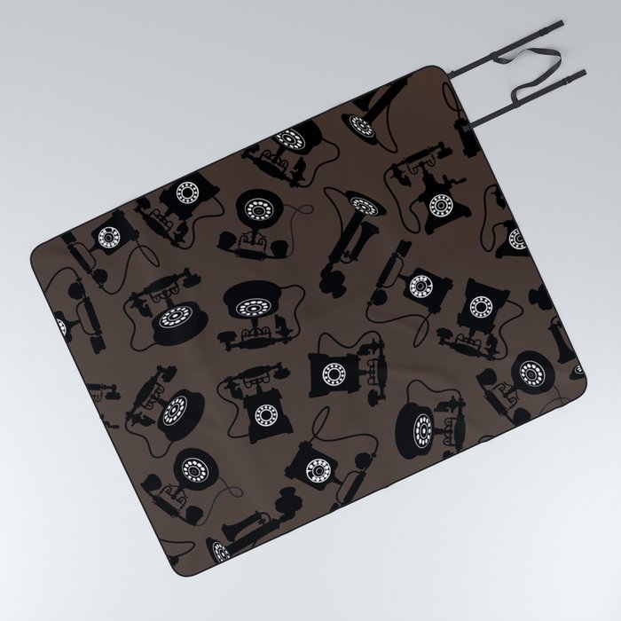 Black Vintage Rotary Dial Telephone Pattern on Dark Brown Picnic Blanket