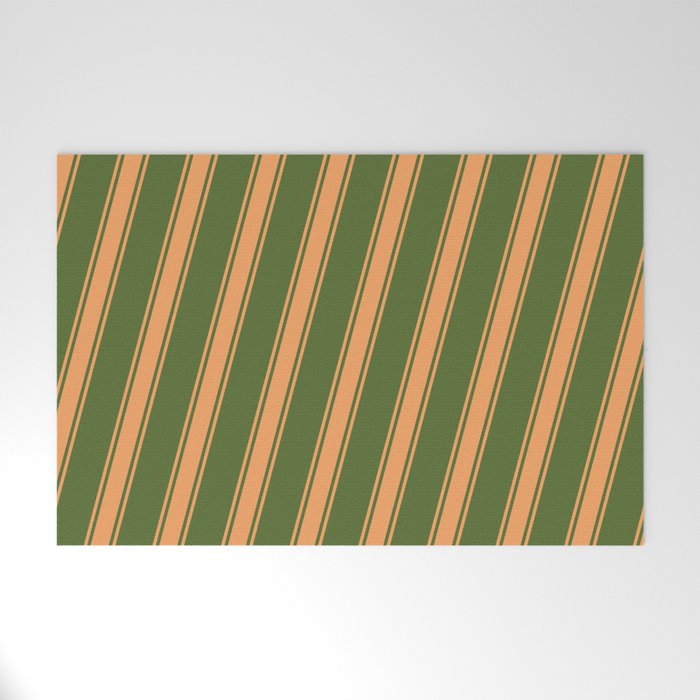 Dark Olive Green & Brown Colored Stripes/Lines Pattern Welcome Mat