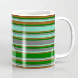 [ Thumbnail: Brown, Dark Green, Dim Grey & Aquamarine Colored Lined/Striped Pattern Coffee Mug ]
