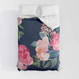 Navy and Pink Watercolor Peony Comforter