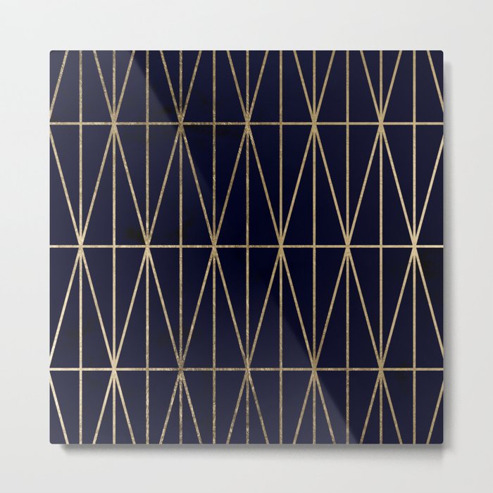 Modern gold geometric triangles pattern navy blue watercolor Metal Print